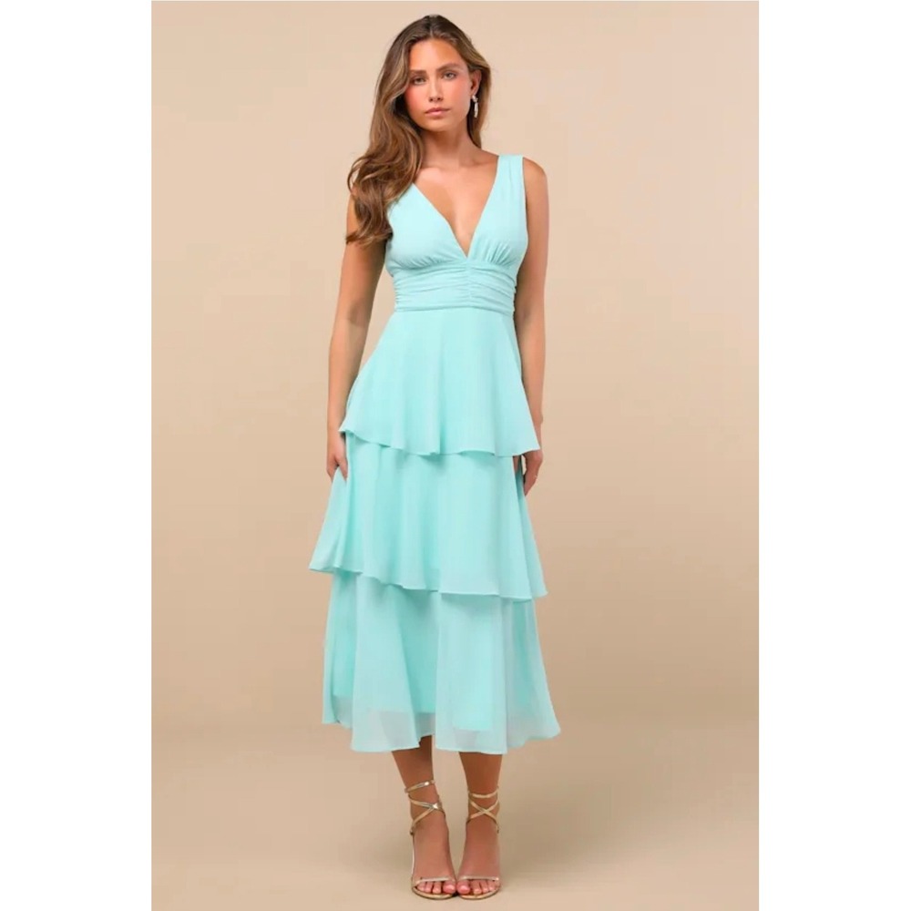 Lulus Celebration Time Aqua Sleeveless Tiered Midi Dress X-Small Wedding Guest